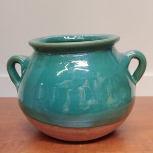 Handmade Studio Pottery Redware Double-Handled Pot With Green Glaze